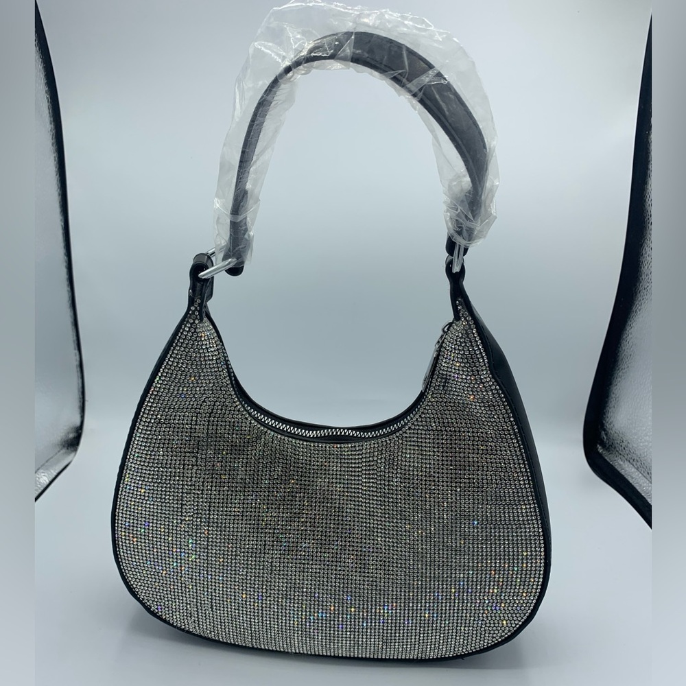 New fashoin handbag black faux leather with rhinestones